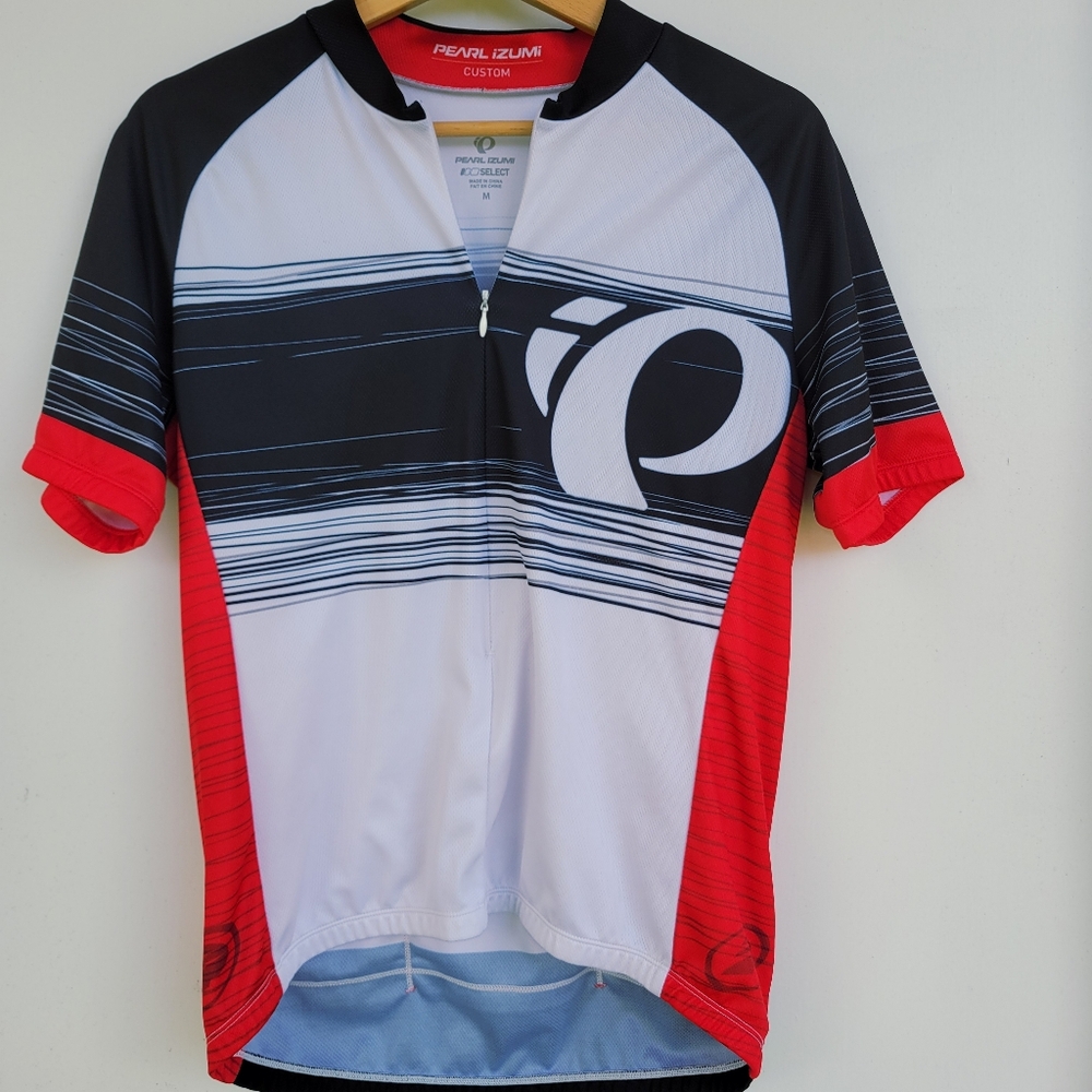 Pearl Izumi Cycling Jersey Mens Medium White Red Zip Rear Pockets Short Sleeve